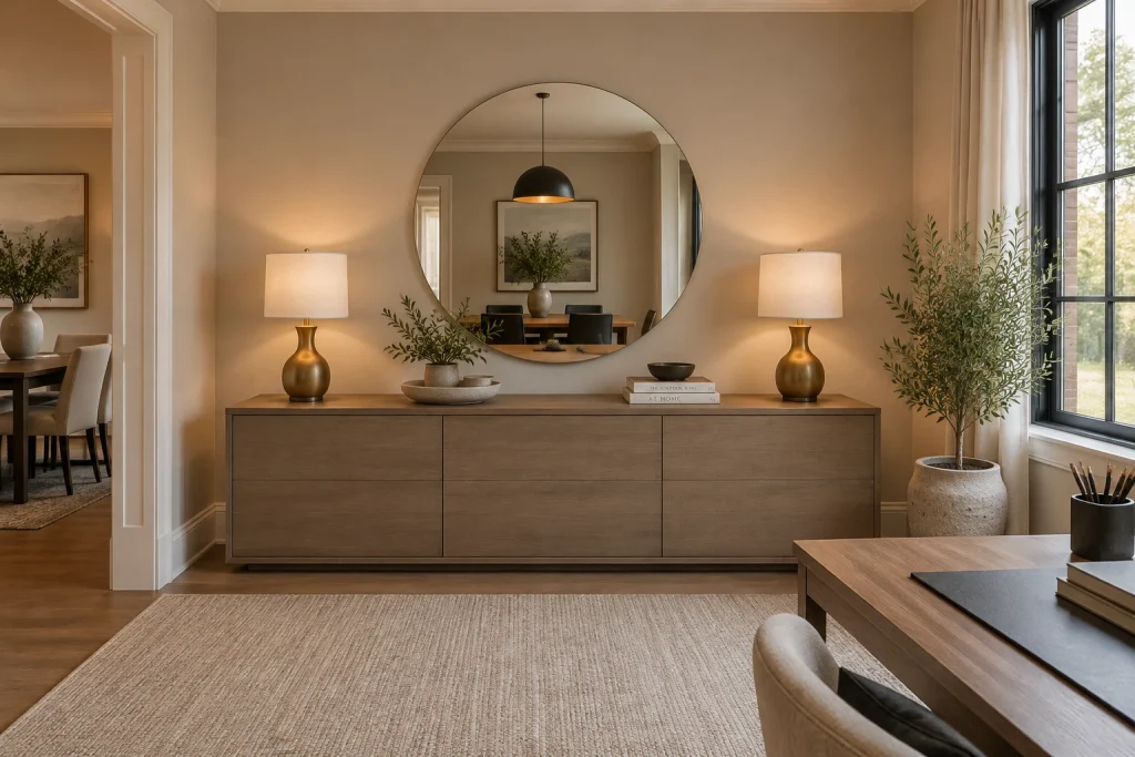 Low Credenza with Hidden Storage and a Statement Mirror, Transitional contemporary Multipurpose home office in a dining-adjacent space interior