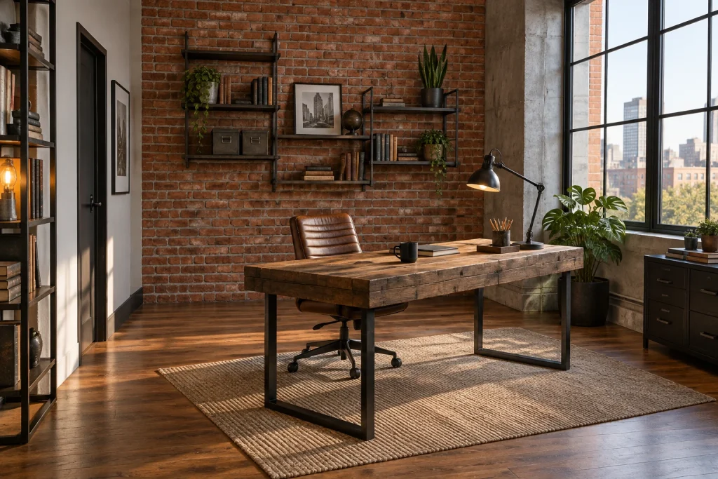 Industrial Brick Accent with Open Metal Shelving, Urban industrial Converted loft office interior