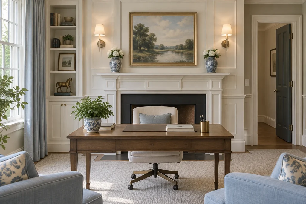 Mantel-Style Backdrop with Symmetry, Classic transitional Home office placed in front of a decorative fireplace interior