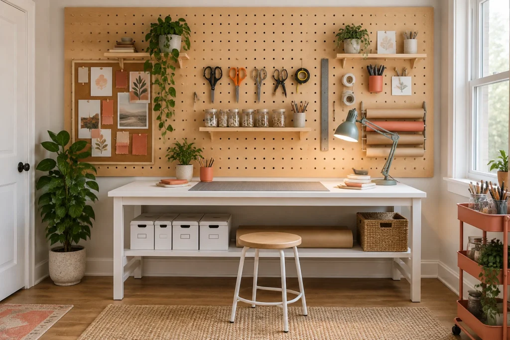 Creative Studio Backdrop with Pegboard Organization, Functional modern-craft Home studio for makers and designers interior