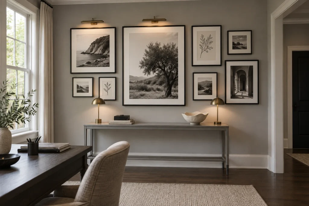 Monochrome Gallery Wall with Directional Accent Lighting, Curated modern gallery Dedicated office wall in a suburban home interior