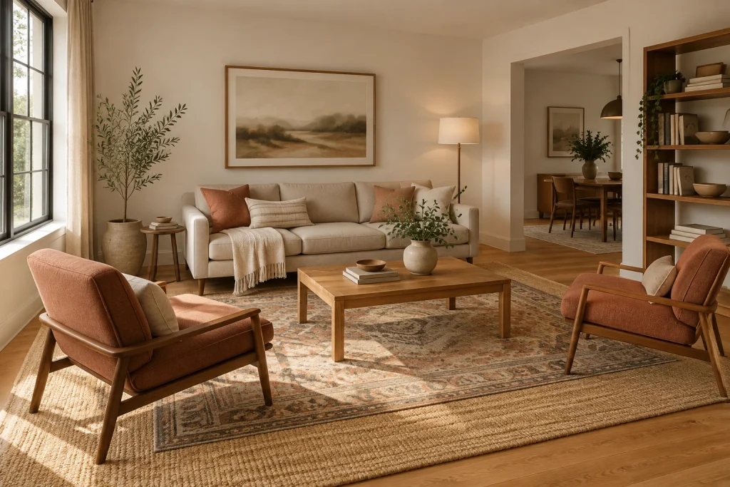Modern organic — jute base + patterned wool accent, Modern organic Living room (open, mid-size) interior