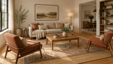 Modern organic — jute base + patterned wool accent, Modern organic Living room (open, mid-size) interior