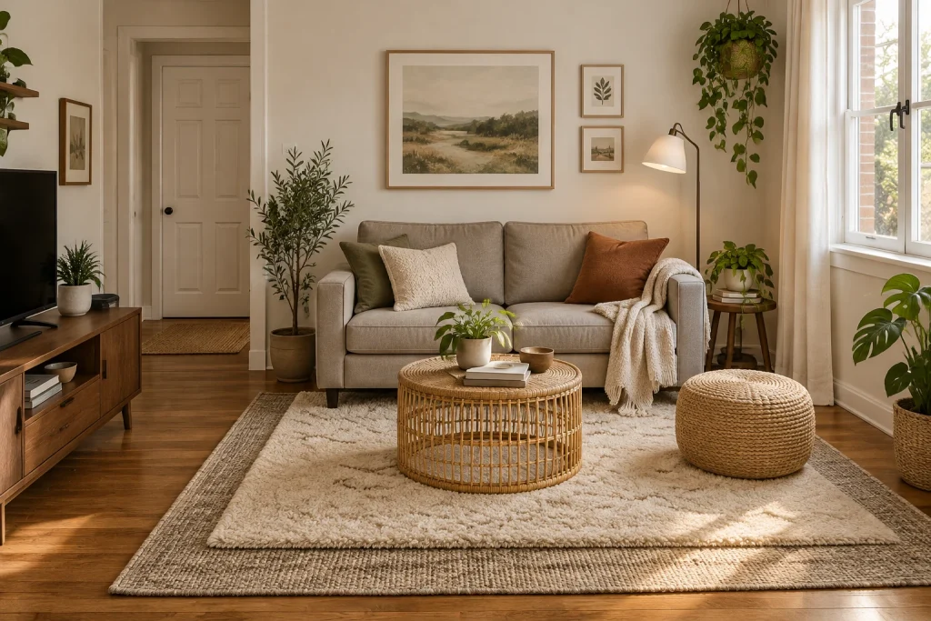 Renter-friendly layering for small apartment, Casual boho, renter-conscious Small living room / studio corner interior