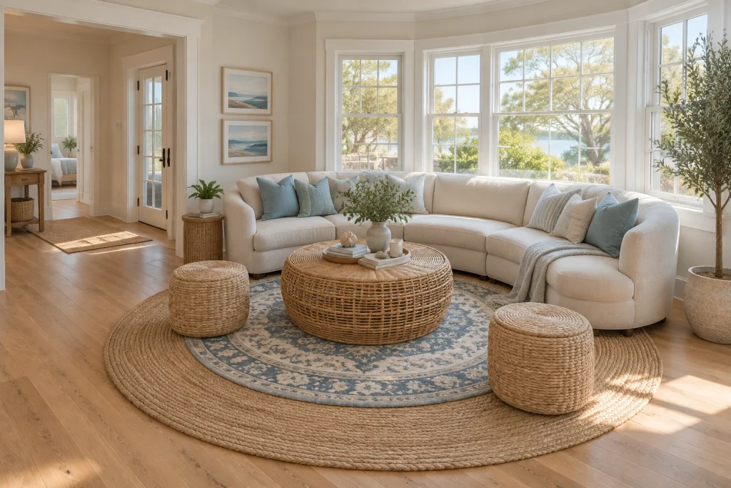 Curved seating with layered round rugs, Coastal modern Bay-window living nook interior
