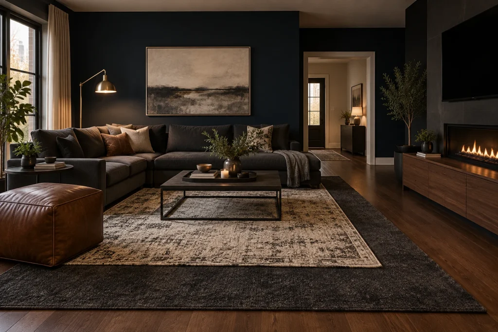 Moody high-contrast layering for drama, Moody modern Urban living room interior