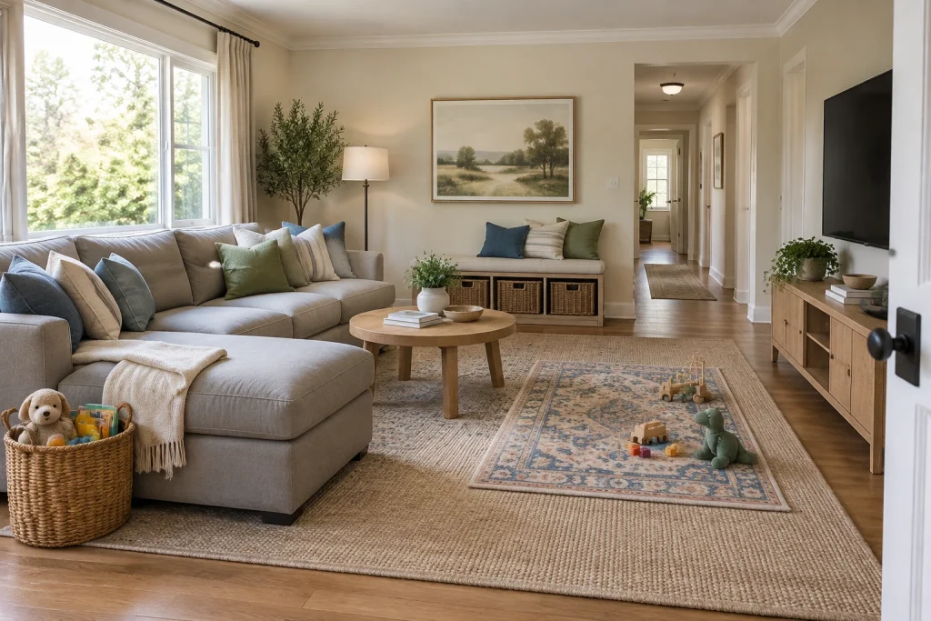 Family-friendly durable layers with play zone, Casual family Family living room interior