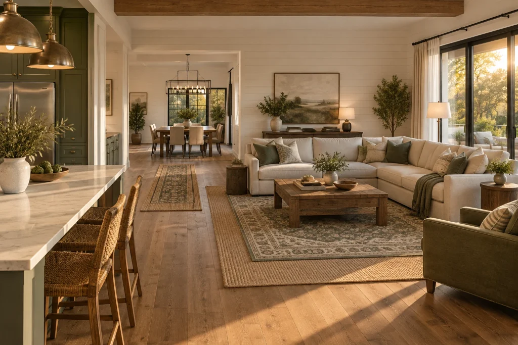 Open-plan zoning with multiple layered rugs, Modern farmhouse Open-plan living/dining interior