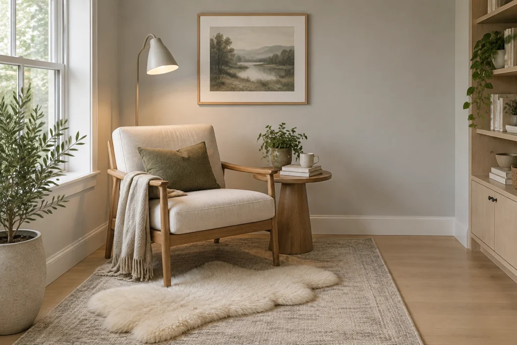 Scandi minimal layering under a reading nook, Scandinavian / Japandi Small living alcove / reading corner interior