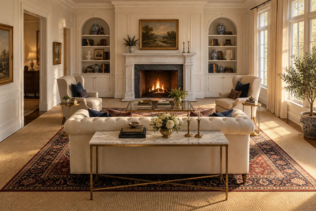 Formal luxury — sisal base with Persian accent rug, Classic-luxe Formal living room interior