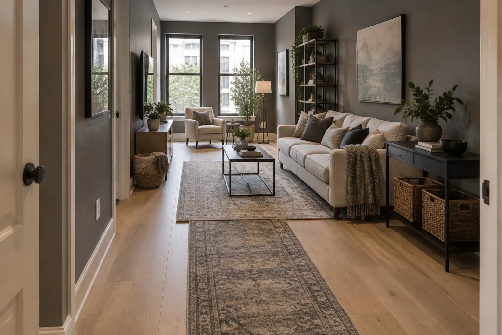 Elongating a narrow living room with runner + area rug, Urban modern small-space Narrow long living room interior