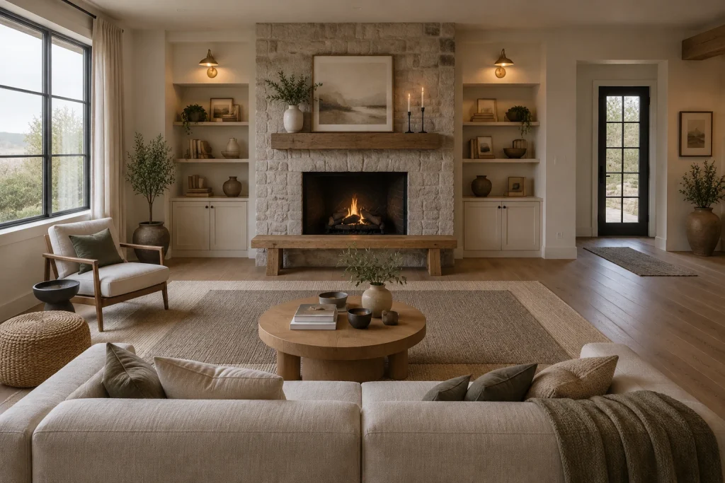 Tonal textural layering around a focal fireplace, Modern organic minimal Cozy living room centered on fireplace interior
