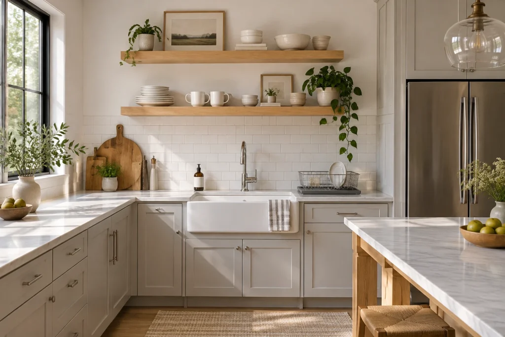Bright sink-side styling with curated ceramics and greenery, Contemporary Classic Open kitchen (shelves above sink) interior