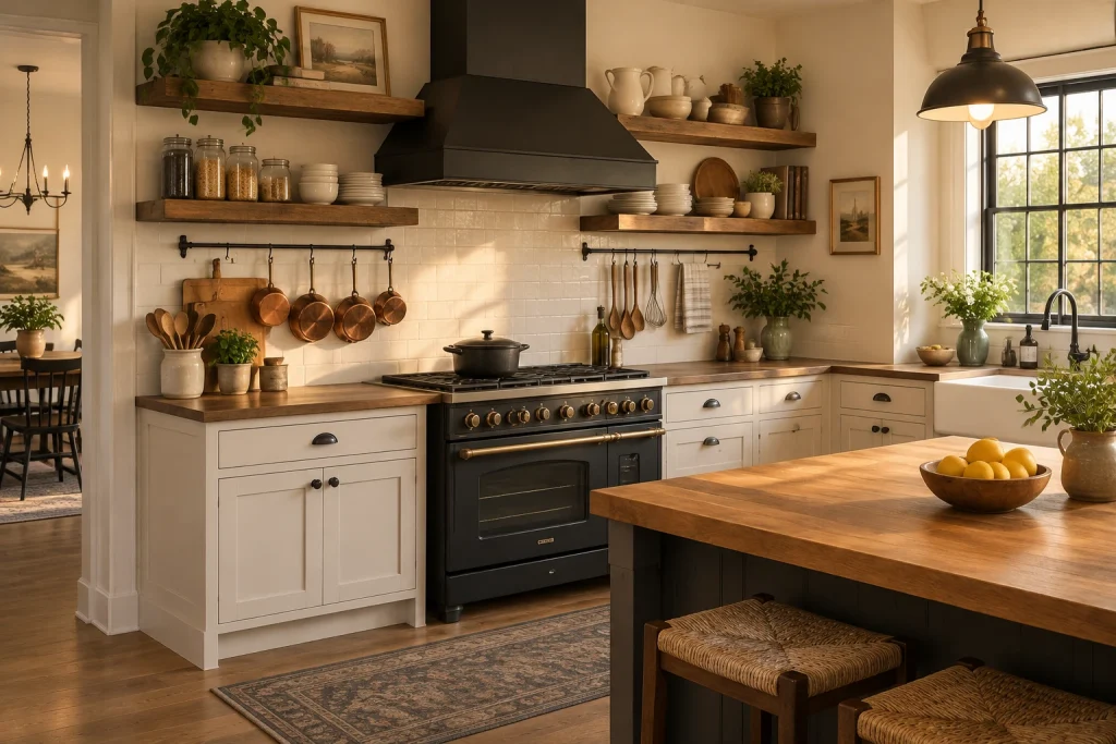Farmhouse cooking hub with hanging rail and open shelves, Modern Farmhouse Open kitchen wall above range and prep counter interior