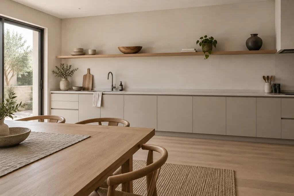 Japandi minimal shelf styling with negative space, Japandi (Japanese + Scandinavian) Open kitchen with long narrow floating shelves above counters interior
