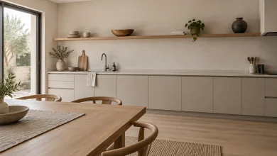 Japandi minimal shelf styling with negative space, Japandi (Japanese + Scandinavian) Open kitchen with long narrow floating shelves above counters interior