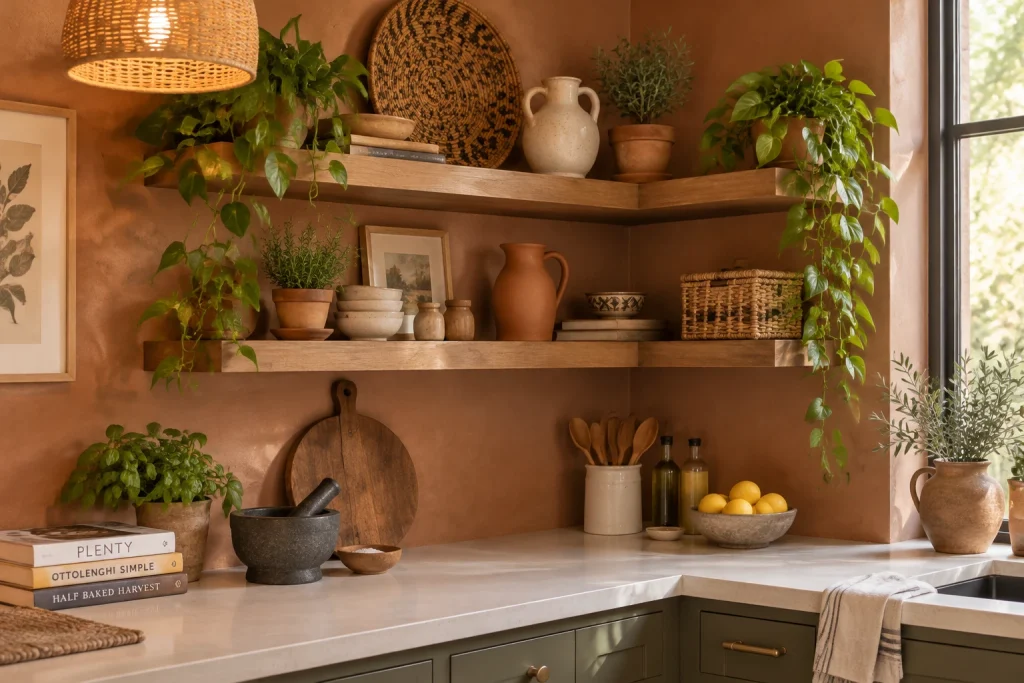 Boho layered shelves with texture and plants, Eclectic Boho Open kitchen corner with staggered shelving interior