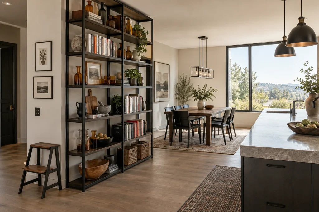 Tall industrial shelving as display and storage wall, Industrial-Modern Open-plan kitchen-dining with floor-to-ceiling framed shelves interior