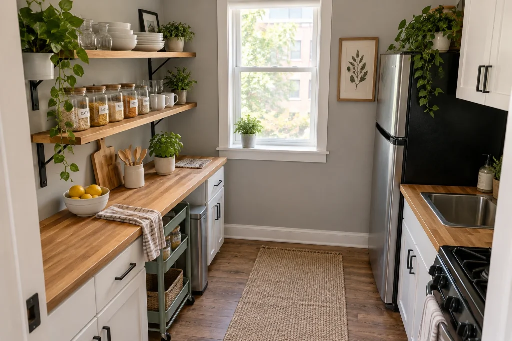 Renter-friendly removable shelving and practical styling, Casual Urban Small apartment kitchen with bracketed removable shelves interior
