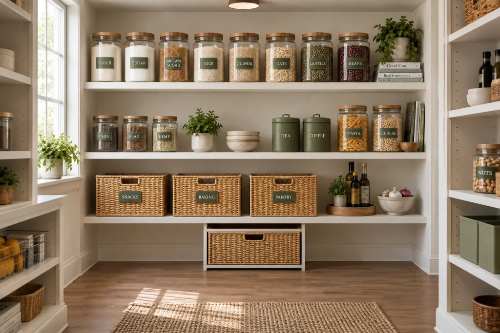 Pantry-style open shelving for food organization, Organized Transitional Walk-up pantry wall in an open kitchen interior