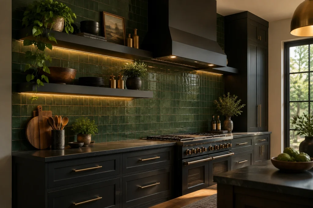 Moody monochrome shelves with brass accents, Modern Dramatic Open kitchen accent wall with black floating shelves interior