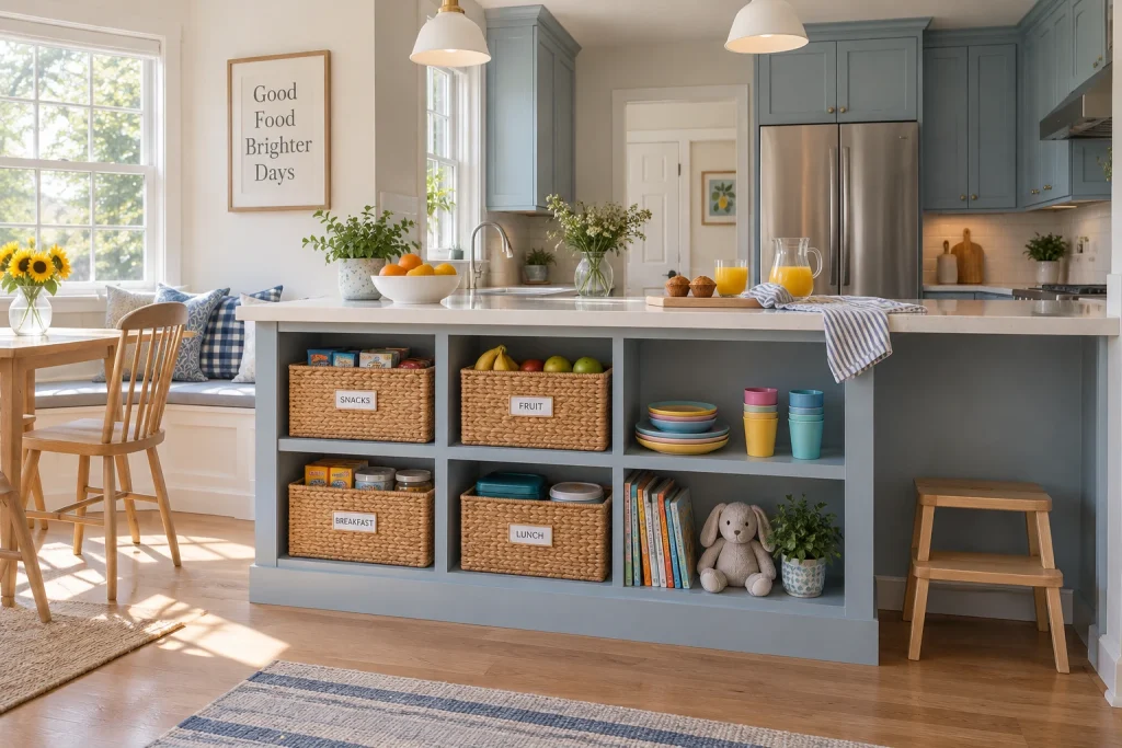 Kid-friendly low open shelves for breakfast and snacks, Family-Focused Casual Kitchen breakfast nook with lower open shelving at child height interior