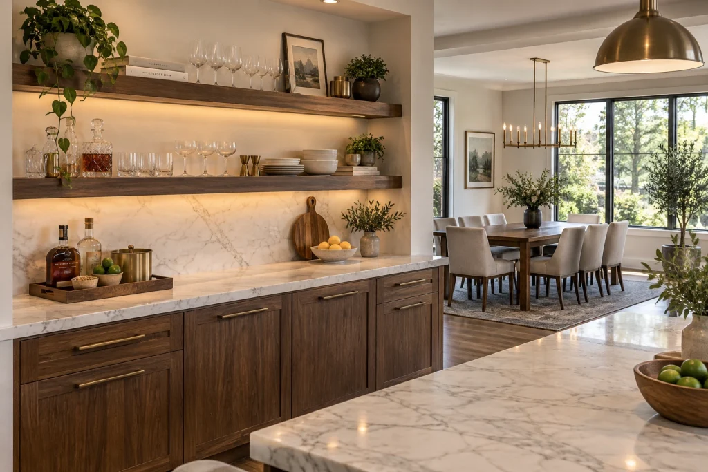 Entertaining-focused bar shelf with glassware and servingware, Casual Entertainer Open kitchen bar wall above counter adjacent to dining area interior