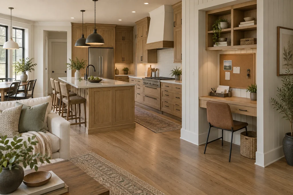 Built-in alcove desk with upper cubbies and corkboard, Modern Craftsman Open-plan kitchen wall alcove adjacent to living area interior