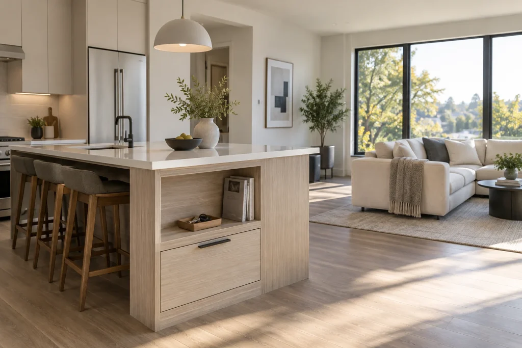 Integrated end-of-island command shelf with charging drawer, Scandinavian minimal End of kitchen island facing living room interior