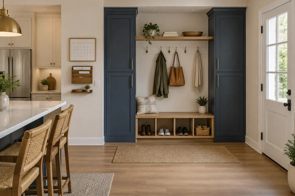 Mudroom-style drop zone with bench and open cubbies next to kitchen entry, Transitional Open-plan entry between exterior door and kitchen interior