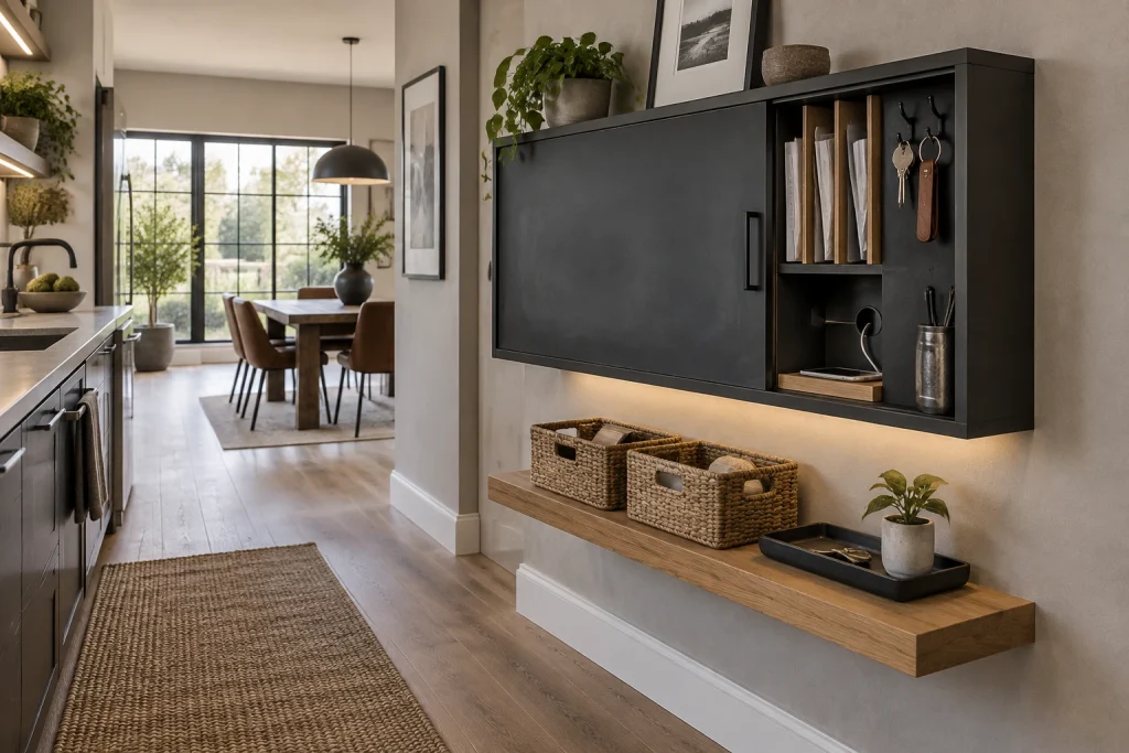 Floating wall cabinet with sliding chalkboard door — renter-friendly, Industrial modern Kitchen corridor wall between sink run and dining area interior