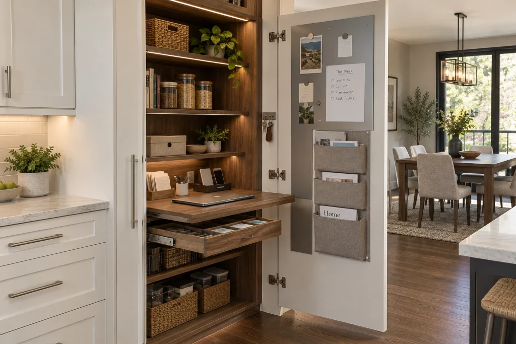 Pantry-door command center with pull-out shelf and magnetic board inside, Contemporary End of kitchen pantry adjacent to open dining area interior
