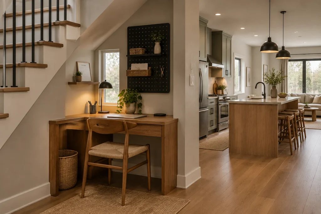 Narrow stair alcove desk with vertical pegboard, Japandi Under-stair alcove opening into the kitchen-living plane interior