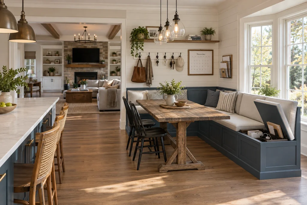Built-in banquette drop zone at the breakfast nook, Modern Farmhouse Breakfast nook open to kitchen and family room interior