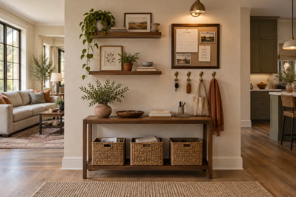 Console and floating shelf gallery wall for layered organization, Eclectic layered Open-plan passage wall between kitchen and living room interior