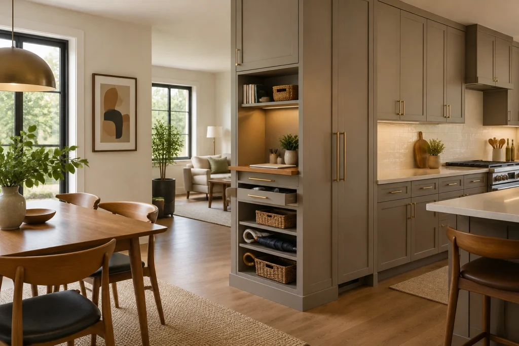 End-of-cabinet command niche with sliding tray and repurposed wine cubbies, Mid-century Modern Open-plan kitchen run with a tall cabinet end facing the dining area interior