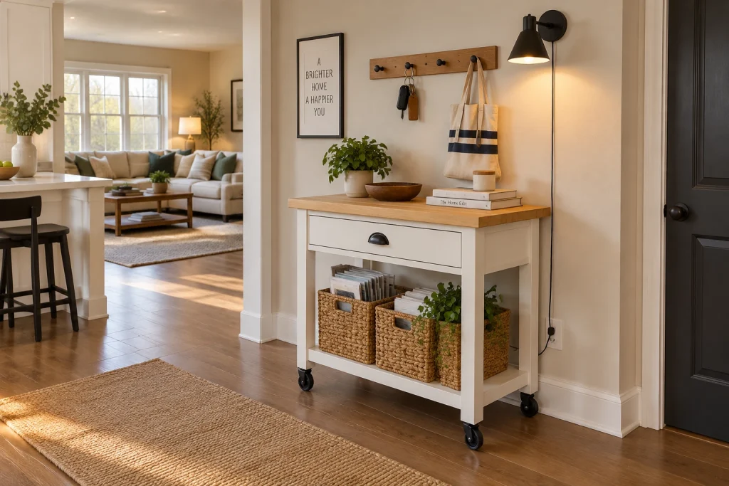 Mobile pop-up cart command kiosk for flexible open-plan living, Budget-friendly DIY Open-plan hallway between kitchen and living room, cart parked against wall interior