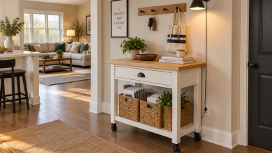 Mobile pop-up cart command kiosk for flexible open-plan living, Budget-friendly DIY Open-plan hallway between kitchen and living room, cart parked against wall interior