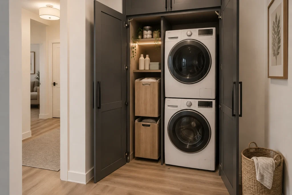 Stacked washer/dryer hidden in tall cabinetry with pull-out hampers — renter-friendly closet makeover, Contemporary-renter friendly Laundry closet in a small apartment interior