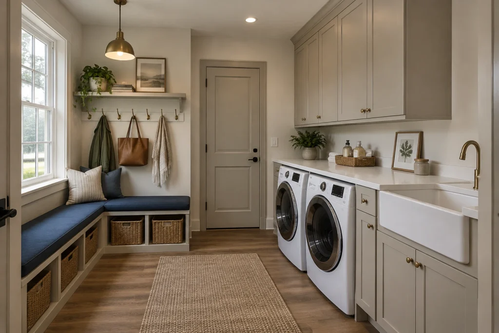 Mudroom + laundry combo with side-by-side machines under counter, built-in bench and cubbies, Transitional American Entry mudroom with laundry alcove interior