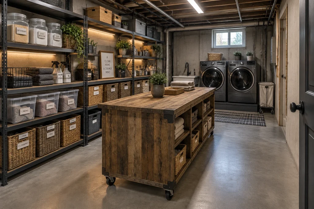 Basement utility laundry with durable open shelving, industrial accents, and a central folding island, Industrial utilitarian Basement laundry room interior