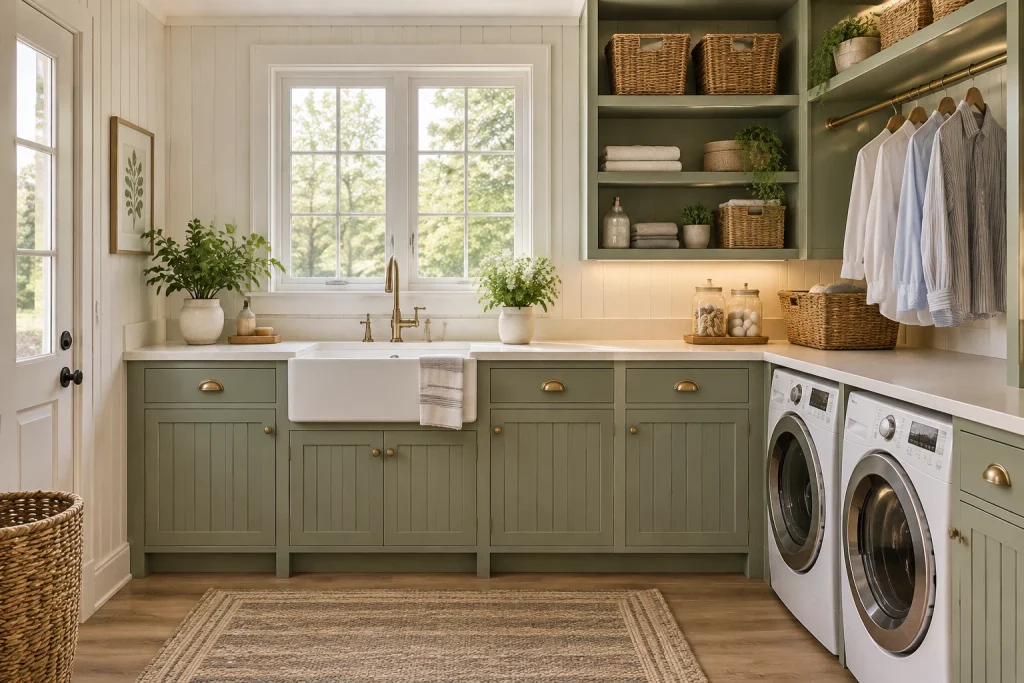Bright farmhouse laundry with farmhouse sink, beadboard cabinets, open baskets, and hanging drying rod, Modern farmhouse Ground-floor laundry near kitchen interior