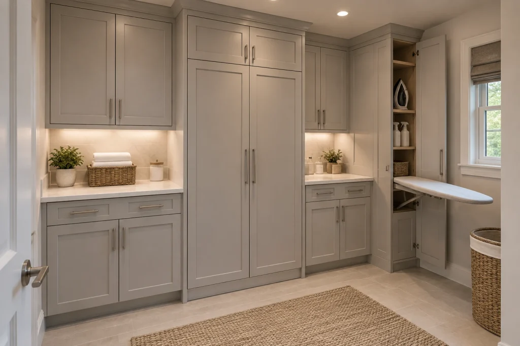 Hidden appliances behind shaker cabinetry with marble counter and built-in ironing board — premium compact luxury, Calm contemporary luxury Small dedicated laundry room interior