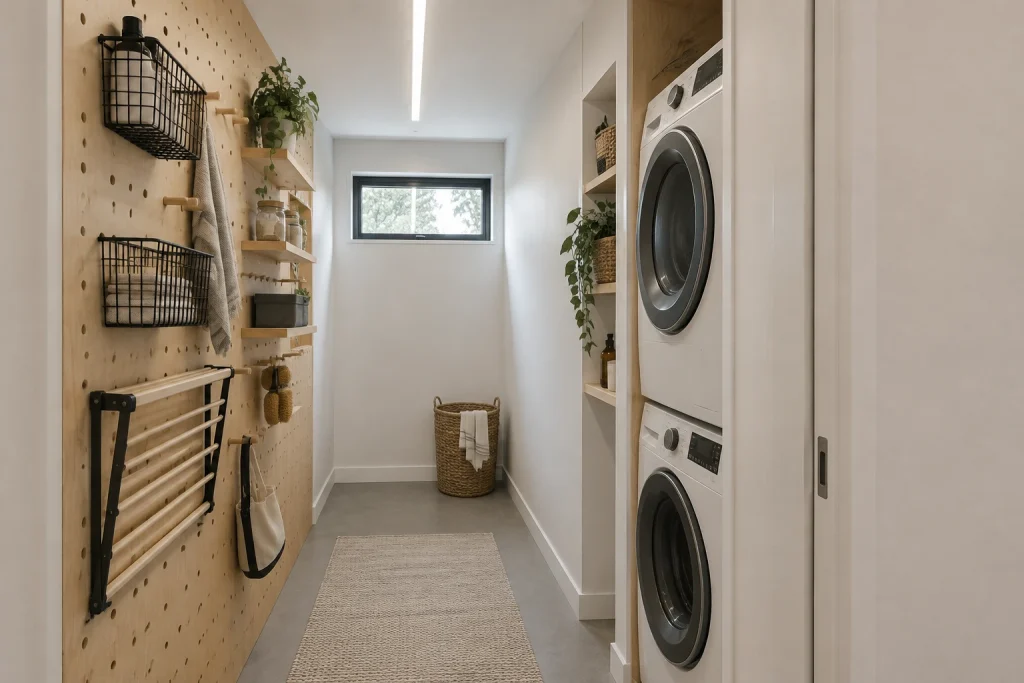 Narrow galley laundry with vertical storage: pegboard, slim appliances, and wall-mounted drying systems, Minimal Scandinavian Narrow galley or utility corridor interior