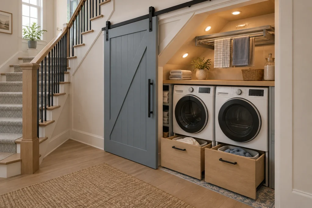 Under-stair laundry nook with sliding barn-style door, pull-out drying rack, and hamper drawers, Modern cottage Under-stair closet converted to laundry interior