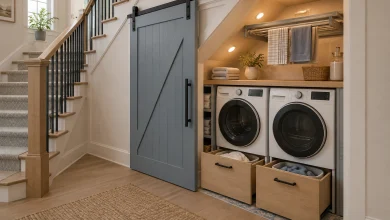 Under-stair laundry nook with sliding barn-style door, pull-out drying rack, and hamper drawers, Modern cottage Under-stair closet converted to laundry interior