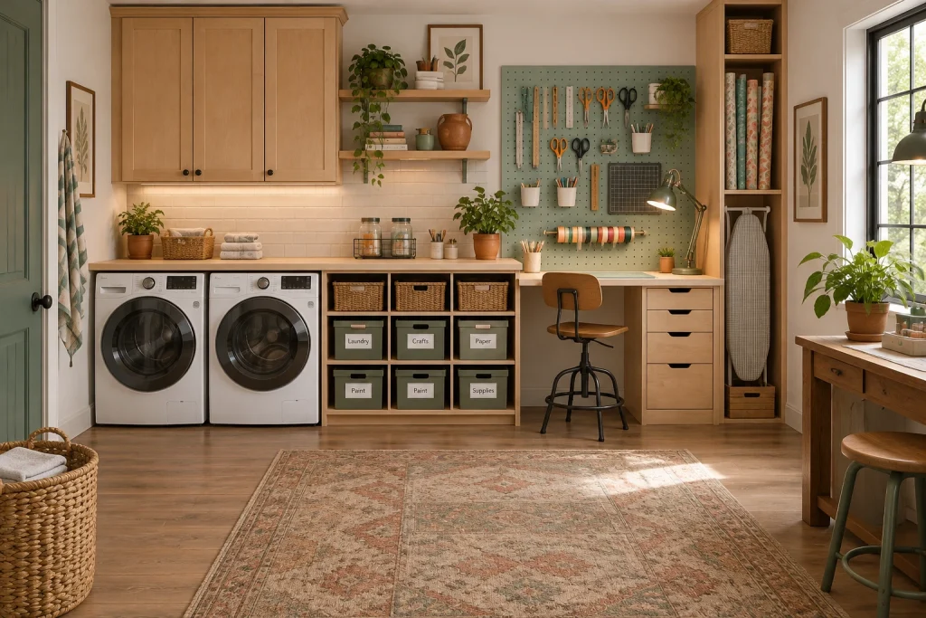 Dual-purpose laundry + craft room with generous folded counter, open cubbies, and a pegboard for tools, Eclectic modern Dedicated multipurpose laundry/craft room interior