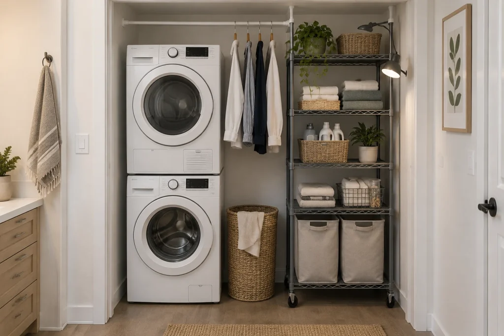 Budget renter-friendly laundry solutions with mobile shelving, tension rods, and collapsible hampers, Casual budget-friendly Small laundry alcove or shared bathroom laundry area interior