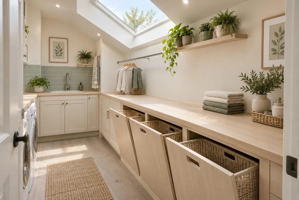Scandinavian-inspired airy laundry with skylight, built-in hamper drawers, and plant shelf, Scandi organic Bright upstairs laundry room interior