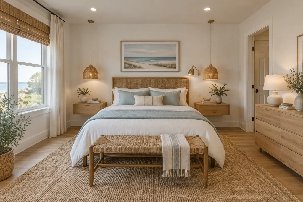 Coastal Modern: layered light for a bright bedroom, Coastal modern Primary bedroom interior
